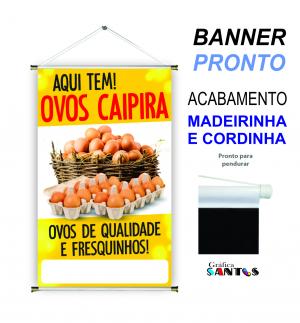 banner pronto tema: Ovo Caipira Lona 280g   Brilho Madeira e cordinha 