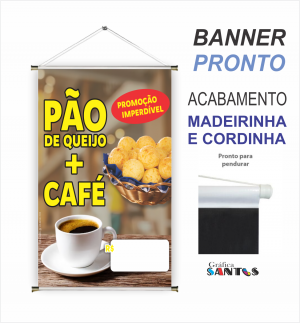 banner pronto tema: Pão de Queijo/Café Lona 280g   Brilho Madeira e cordinha 