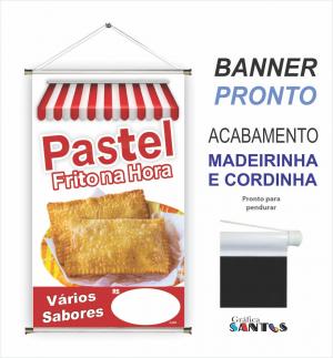 banner pronto tema: Pastel Frito na Hora Lona 280g   Brilho Madeira e cordinha 