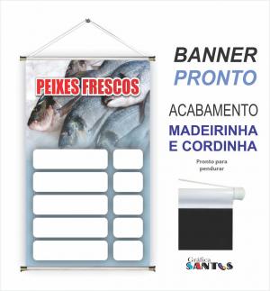 banner pronto tema: Peixe Fresco Lona 280g   Brilho Madeira e cordinha 