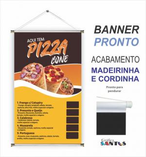 banner pronto tema: Pizza Cone Lona 280g   Brilho Madeira e cordinha 