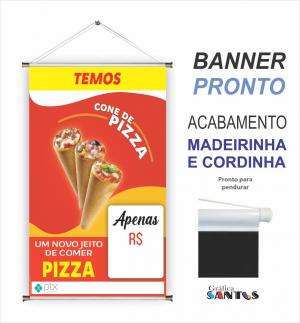 banner pronto tema: Pizza Cone Lona 280g   Brilho Madeira e cordinha 