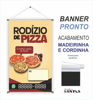 banner pronto tema: Pizza e Refri Lona 280g   Brilho Madeira e cordinha 