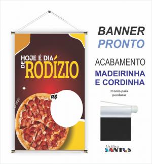 banner pronto tema: Pizza e Refri Lona 280g   Brilho Madeira e cordinha 