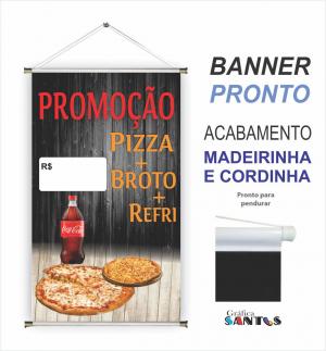 banner pronto tema: Pizza e Refri Lona 280g   Brilho Madeira e cordinha 