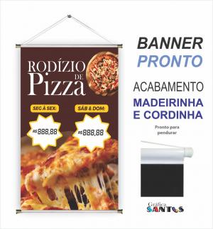 banner pronto tema: Pizza e Refri Lona 280g   Brilho Madeira e cordinha 