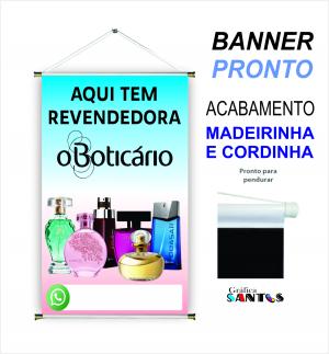 banner pronto tema: Revendedora Boticário Lona 280g   Brilho Madeira e cordinha 