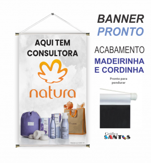 banner pronto tema: Revendedora Natura Lona 280g   Brilho Madeira e cordinha 