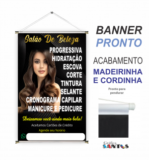banner pronto tema: Salão de Beleza Lona 280g   Brilho Madeira e cordinha 