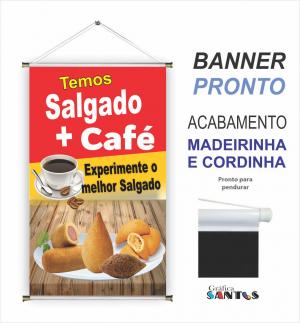 banner pronto tema: Salgado + Café Lona 280g   Brilho Madeira e cordinha 