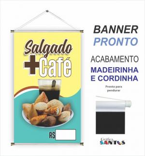 banner pronto tema: Salgado + Café Lona 280g   Brilho Madeira e cordinha 