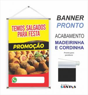 banner pronto tema: Salgado de Festa Lona 280g   Brilho Madeira e cordinha 