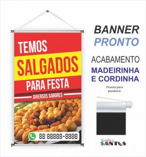 banner pronto tema: Salgado de Festa Lona 280g   Brilho Madeira e cordinha 