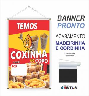 banner pronto tema: Salgado no Copo Lona 280g   Brilho Madeira e cordinha 