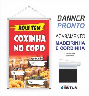 banner pronto tema: Salgado no Copo Lona 280g   Brilho Madeira e cordinha 