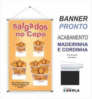banner pronto tema: Salgado no Copo Lona 280g   Brilho Madeira e cordinha 