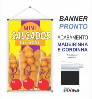 banner pronto tema: Salgado no Copo Lona 280g   Brilho Madeira e cordinha 