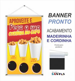 banner pronto tema: Salgado no Copo Lona 280g   Brilho Madeira e cordinha 