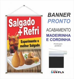 banner pronto tema: Salgado + Refrigerante Lona 280g   Brilho Madeira e cordinha 