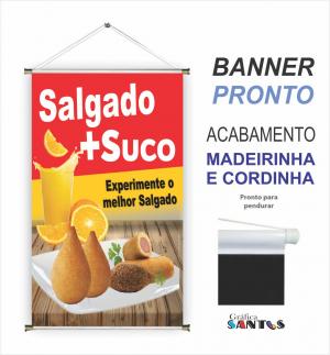 banner pronto tema: Salgado + Suco Lona 280g   Brilho Madeira e cordinha 