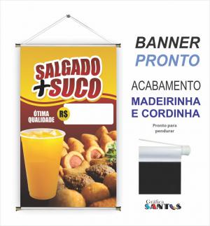 banner pronto tema: Salgado + Suco Lona 280g   Brilho Madeira e cordinha 