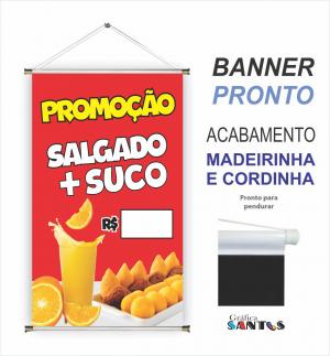 banner pronto tema: Salgado + Suco Lona 280g   Brilho Madeira e cordinha 
