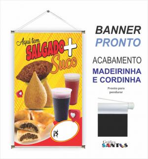 banner pronto tema: Salgado + Suco Lona 280g   Brilho Madeira e cordinha 