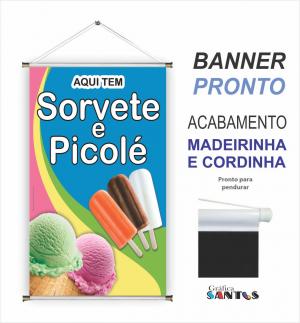banner pronto tema:  Sorvete / Açaí / Picolé Lona 280g   Brilho Madeira e cordinha 