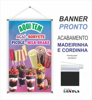 banner pronto tema:  Sorvete / Açaí / Picolé Lona 280g   Brilho Madeira e cordinha 