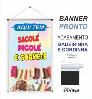 banner pronto tema:  Sorvete / Açaí / Picolé Lona 280g   Brilho Madeira e cordinha 