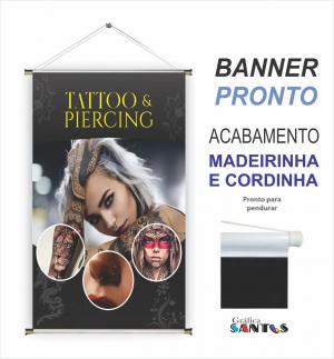 banner pronto tema: Tattoo e Piercing Lona 280g   Brilho Madeira e cordinha 