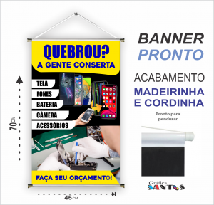 banner pronto tema: Técnico de Celular Lona 280g   Brilho Madeira e cordinha 