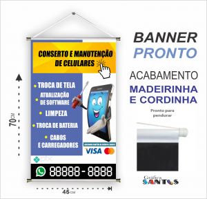 banner pronto tema: Técnico de Celular Lona 280g   Brilho Madeira e cordinha 