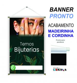 banner pronto tema: Temos Bijuterias Lona 280g   Brilho Madeira e cordinha 