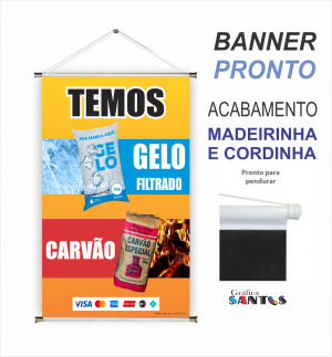 banner pronto tema: Temos Carvão e Gelo Lona 280g   Brilho Madeira e cordinha 