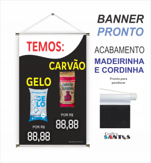 banner pronto tema: Temos Carvão e Gelo Lona 280g   Brilho Madeira e cordinha 